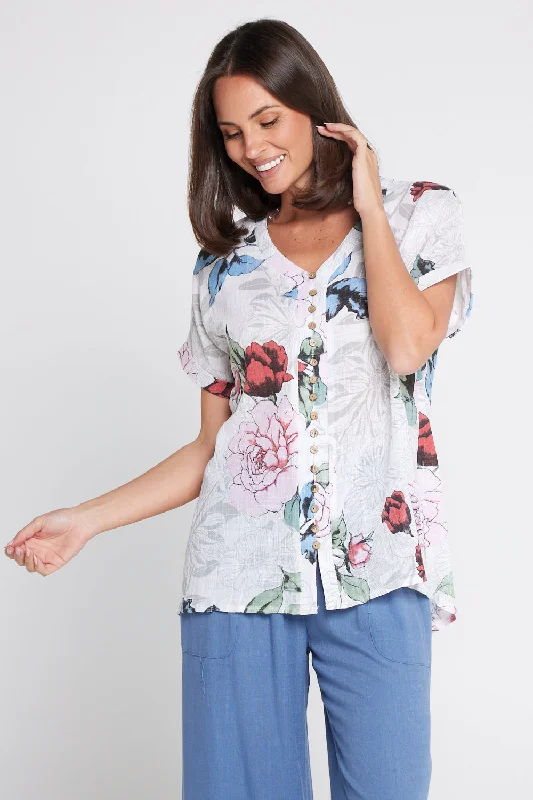 Gemma Linen & Cotton Top - White Floral