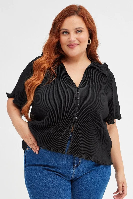 Black Pleated Shirt Short Sleeve Plisse