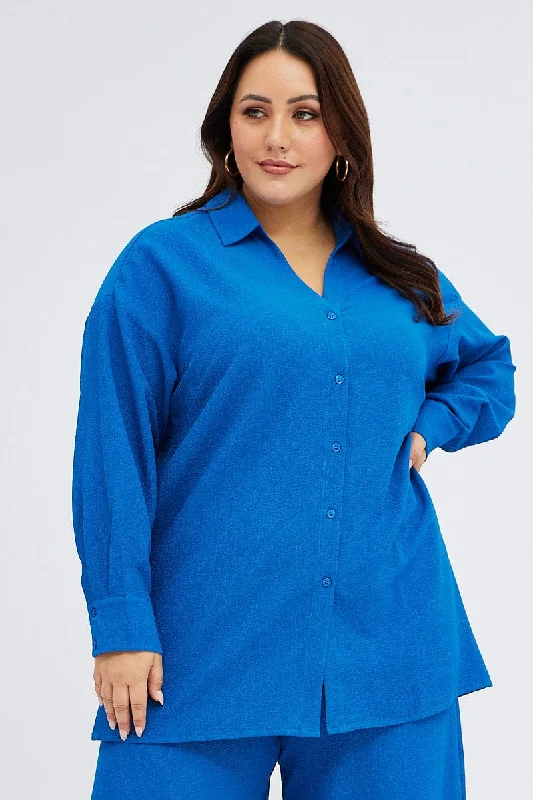 Blue Textured Shirt Crinkle Button Through Oversized