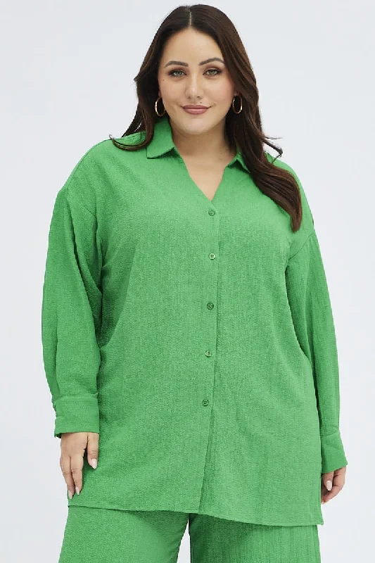 Green Textured Shirt Crinkle Button Through Oversized
