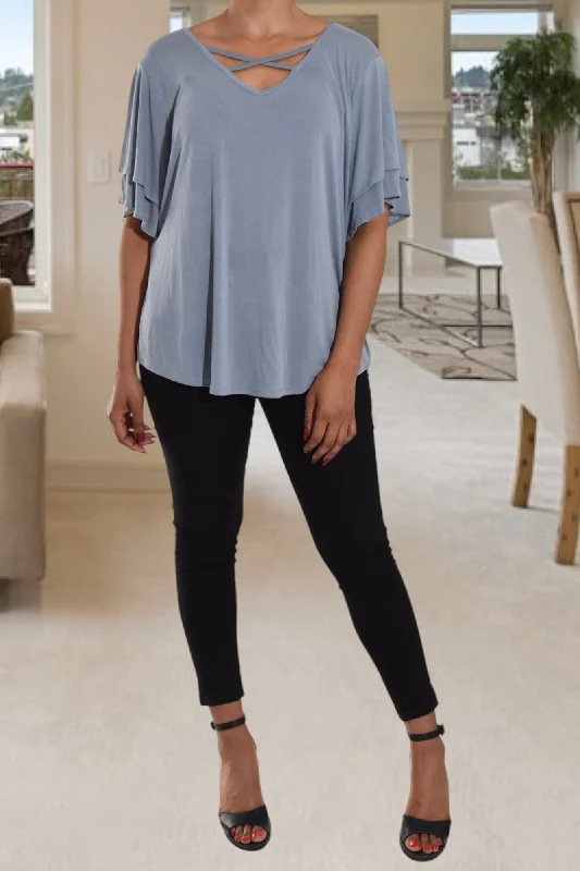 Ladies Grey Frill Sleeve Top