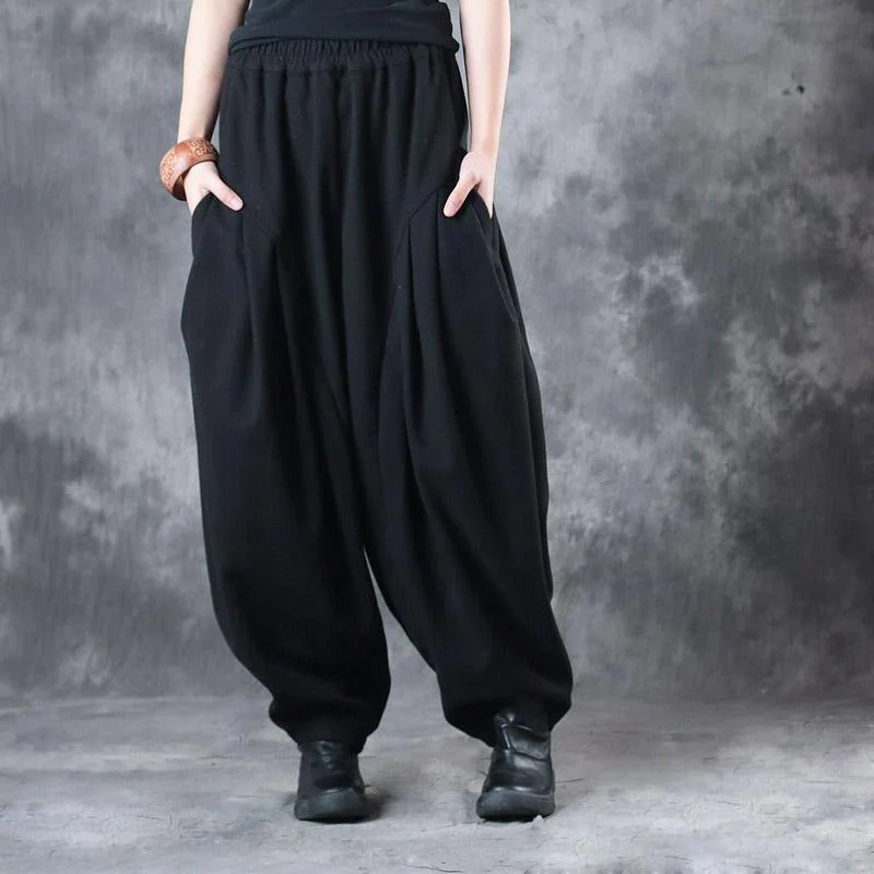 2017 black casual plus size pants women elastic waist wide leg pants