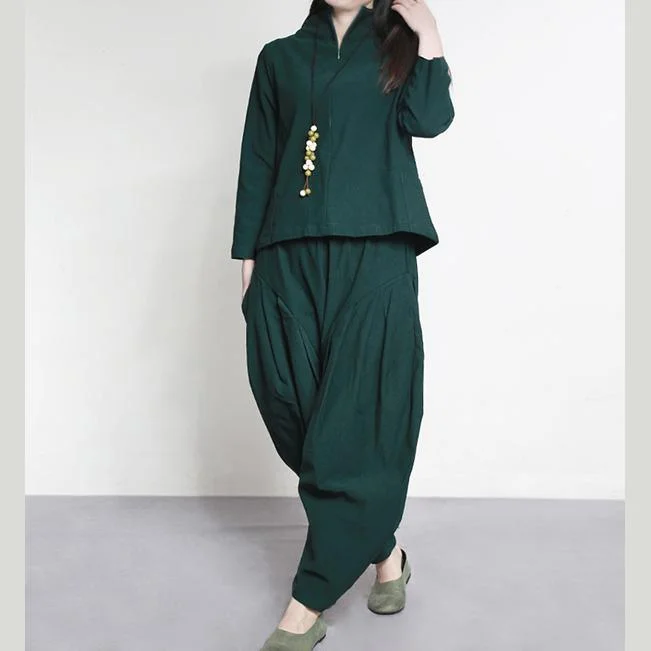 2017 fall green casual solid casual tops with vintage wrinkled wide leg pants