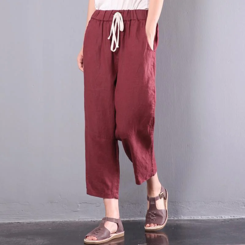 2017 red casual  linen pant oversize drawstring crop pants