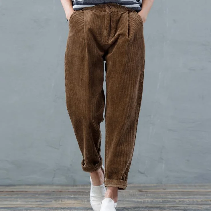 2017 spring Dark camel straight pants women plus size trouers corduroy
