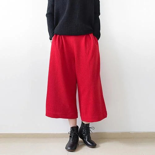 2018 red casual cotton women pants loose elastic waist wide leg pants