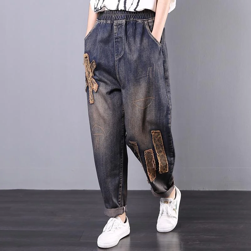 2019 new denim blue elastic waist pants women casual harem pants