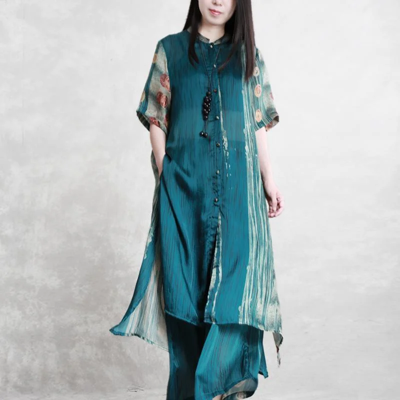 2019 summer new light and loose silky suit dark green printed micro-transparent top + casual wide-leg pants