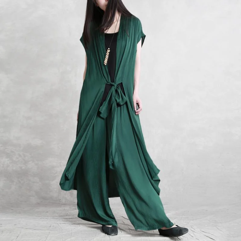 2019 summer style silk set long outer cover + wide leg pants drape thin slim green casual suit