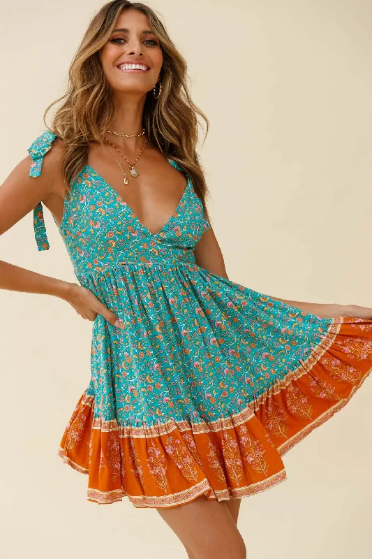 Maven Tied Shoulder Low Back Dress Flower Print Jade