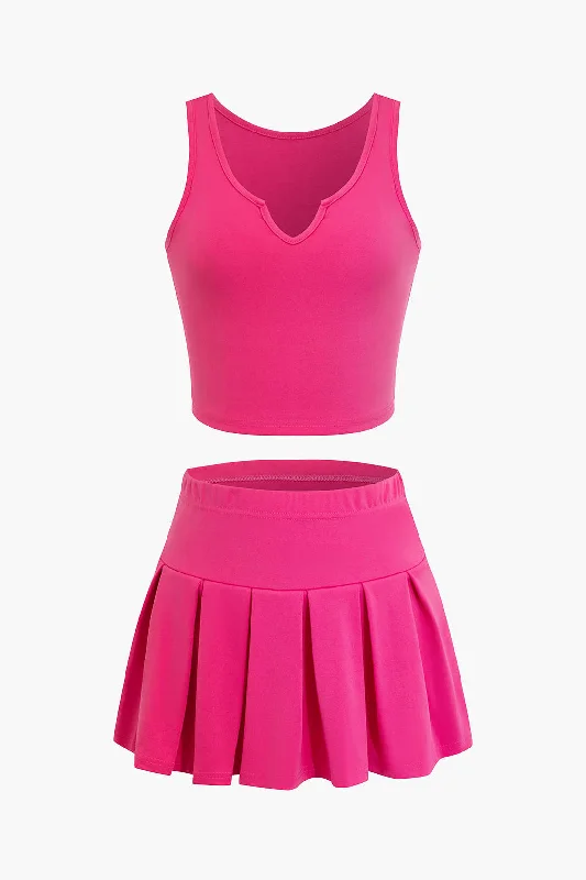 Basic V-Neck Crop Tank Top And Pleated Mini Skirt Sportywear Set