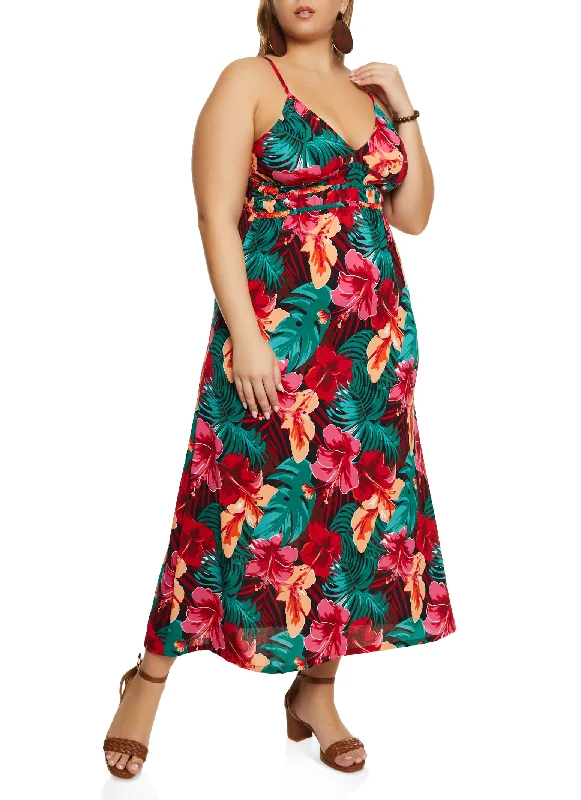Plus Size Floral Print Smocked Cami Maxi Dress