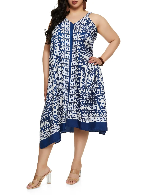 Plus Size Border Print V Neck Maxi Dress