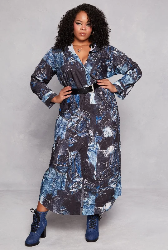 Plus Size Denim Print Maxi Shirt Dress
