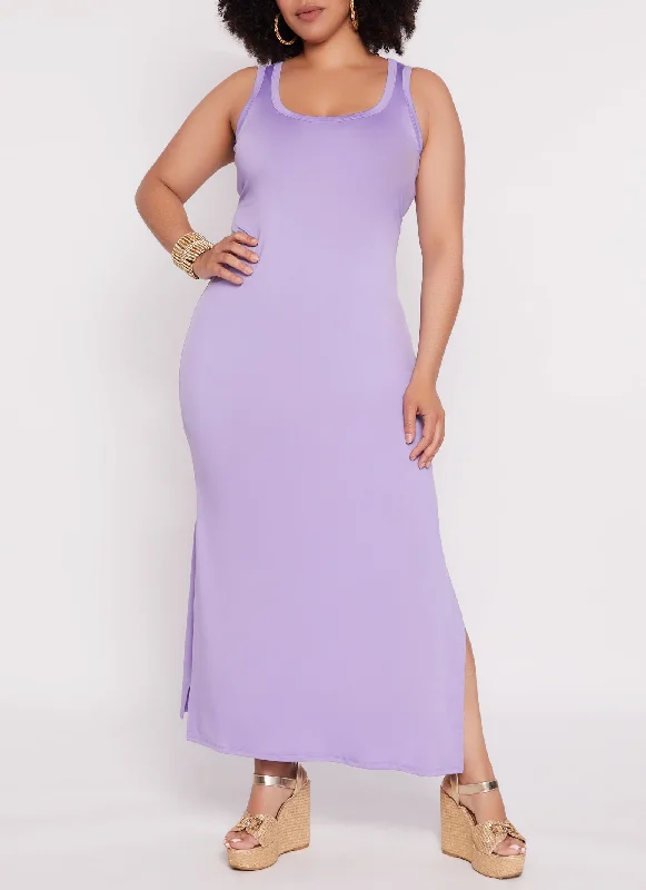Plus Size Scoop Neck Side Slit Maxi Tank Dress