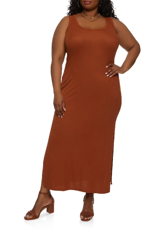 Plus Size Ribbed Side Slit Maxi Tank Dress