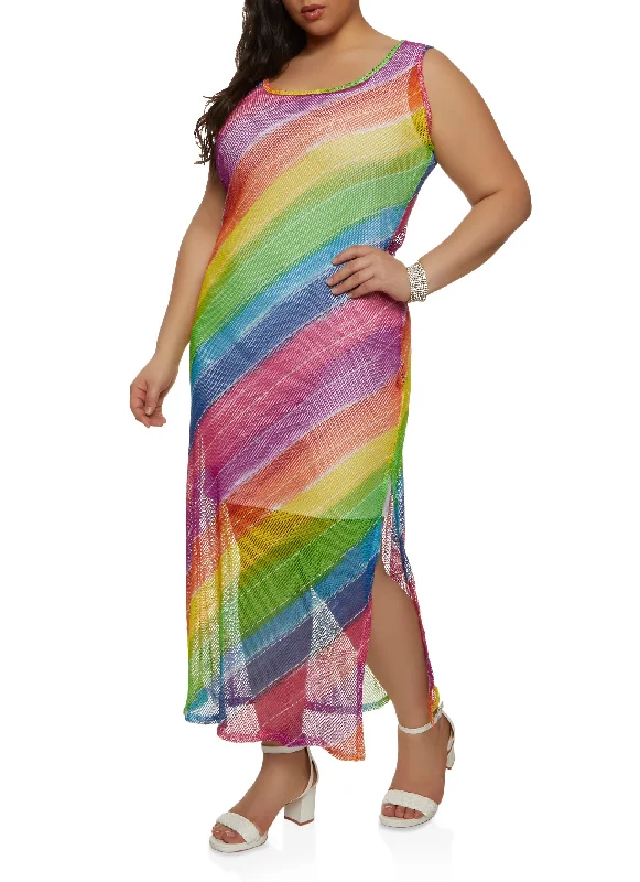 Plus Size Fishnet Rainbow Striped Tank Maxi Dress