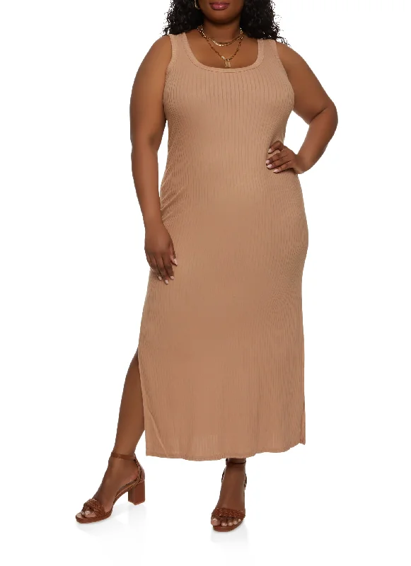 Plus Size Ribbed Side Slit Maxi Tank Dress