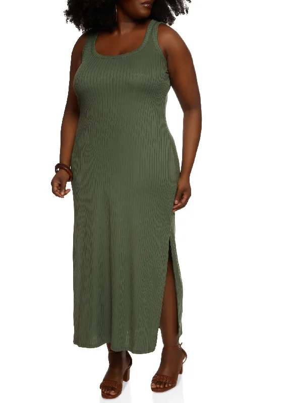 Plus Size Ribbed Knit Side Slit Maxi Tank Dress
