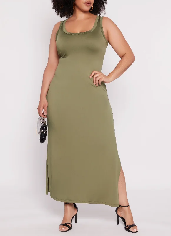 Plus Size Scoop Neck Side Slit Maxi Tank Dress
