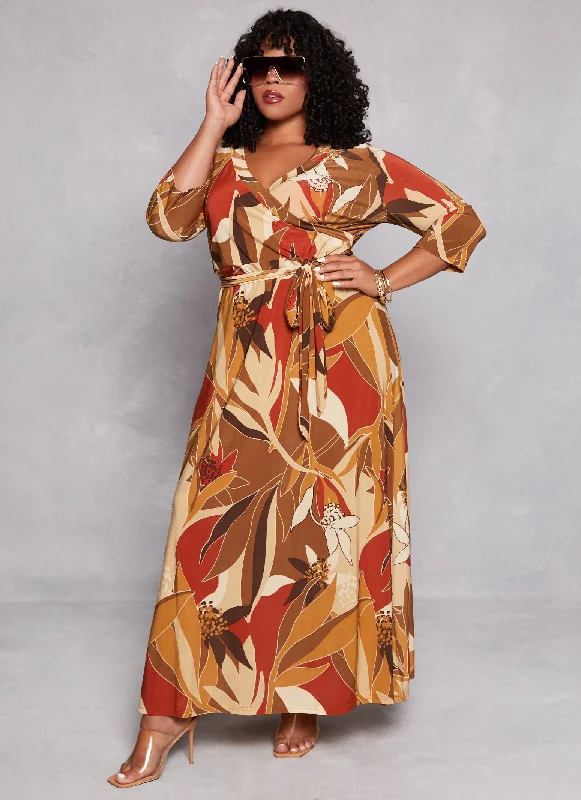 Plus Size Printed Faux Wrap Maxi Dress
