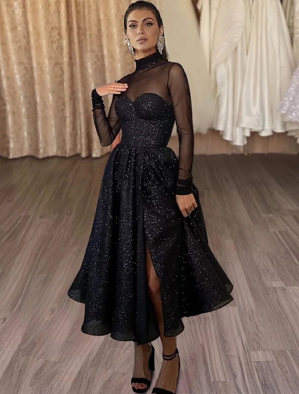 A-Line Cocktail Dresses Elegant Dress Party Wear Tea Length Long Sleeve High Neck Wednesday Addams Family Tulle with Glitter Slit A-Line Cocktail Dresses Elegant Dress Party Wear Tea Length Long Sleeve High Neck Wednesday Addams Family Tulle with Glitter Slit