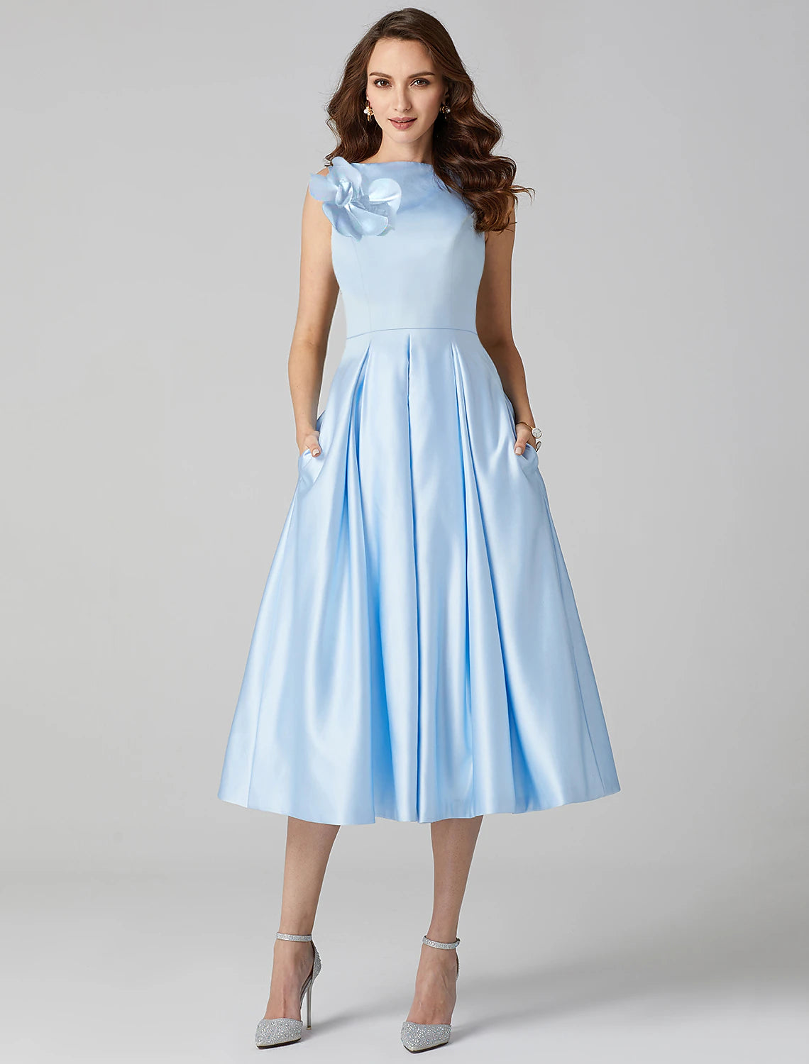 A-Line Cocktail Dresses Party Dress Formal Tea Length Sleeveless Jewel Neck Pocket Satin with Pleats Shouder Flower A-Line Cocktail Dresses Party Dress Formal Tea Length Sleeveless Jewel Neck Pocket Satin with Pleats Shouder Flower