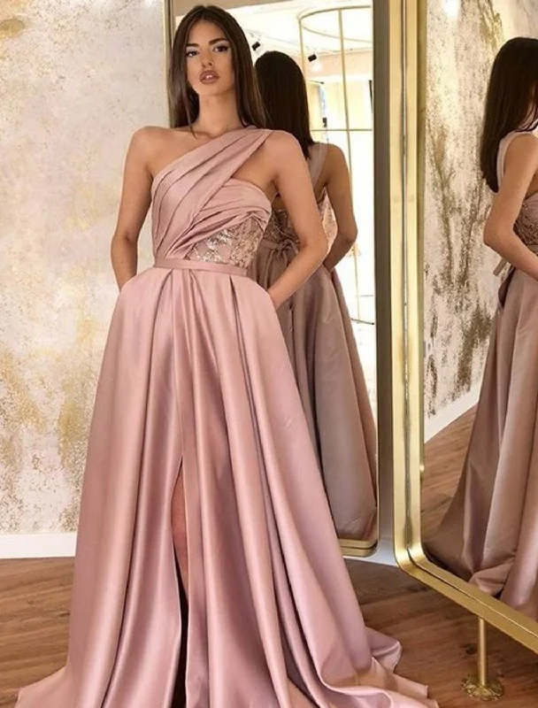 A-Line Evening Gown Celebrity Style Dress Formal Floor Length Sleeveless One Shoulder Satin with Ruched Slit A-Line Evening Gown Celebrity Style Dress Formal Floor Length Sleeveless One Shoulder Satin with Ruched Slit