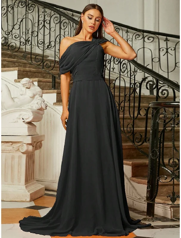 A-Line Evening Gown Elegant Dress Formal Fall Sweep / Brush Train Short Sleeve One Shoulder Stretch Fabric with Pleats Ruched A-Line Evening Gown Elegant Dress Formal Fall Sweep / Brush Train Short Sleeve One Shoulder Stretch Fabric with Pleats Ruched