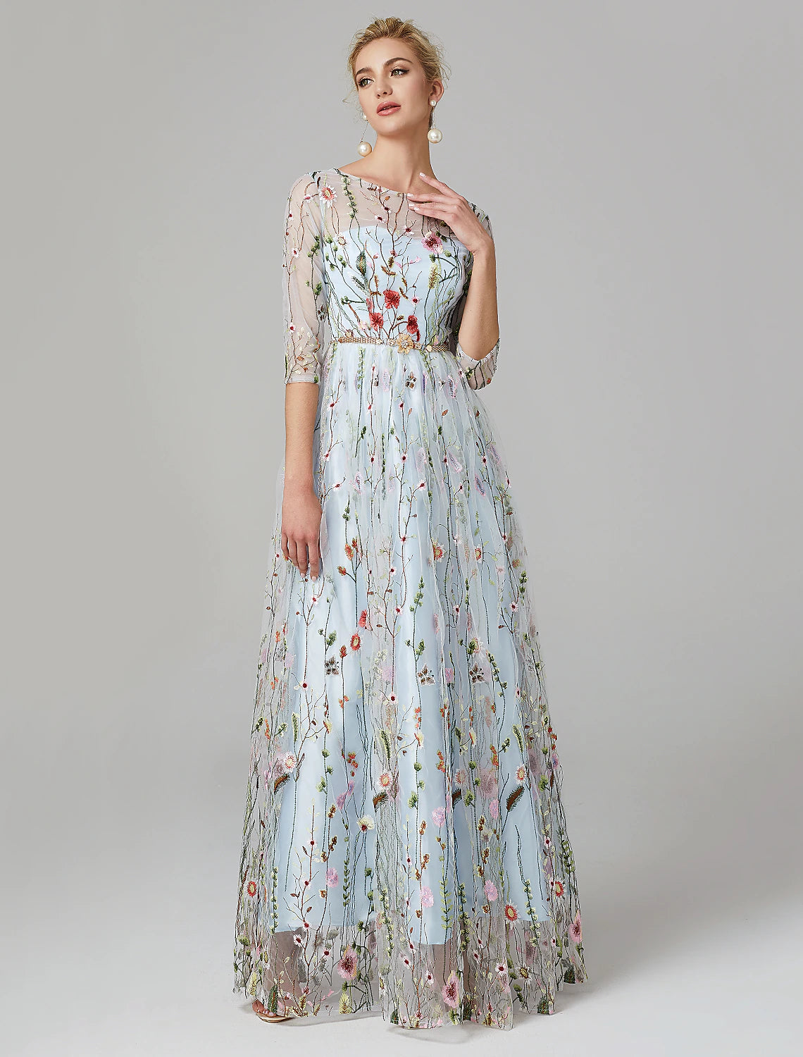 A-Line Evening Gown Elegant Dress Holiday Floor Length 3/4 Length Sleeve Illusion Neck Lace with Embroidery A-Line Evening Gown Elegant Dress Holiday Floor Length 3/4 Length Sleeve Illusion Neck Lace with Embroidery