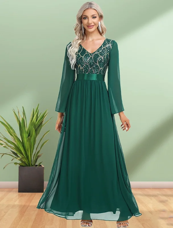 A-Line Evening Gown Elegant Dress Party Wear Floor Length Long Sleeve V Neck Chiffon with Sequin A-Line Evening Gown Elegant Dress Party Wear Floor Length Long Sleeve V Neck Chiffon with Sequin