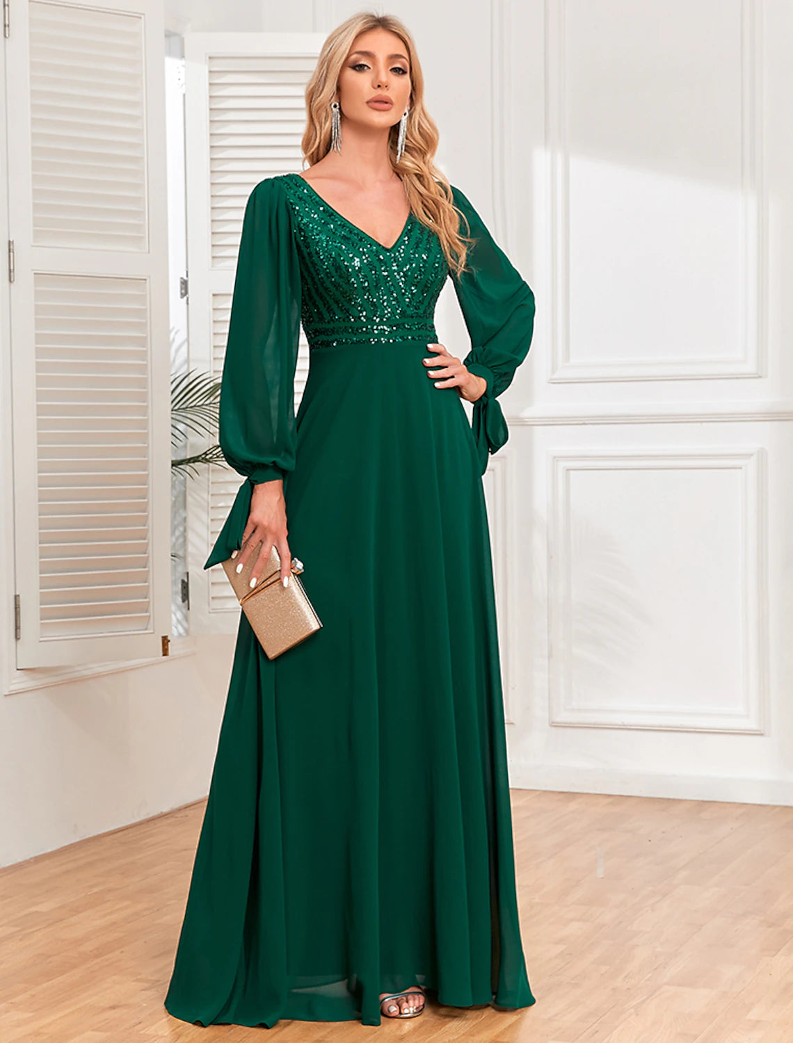 A-Line Evening Gown Empire Dress Evening Party Wedding Reception Floor Length Long Sleeve V Neck Fall Wedding Guest Chiffon V Back with Sequin A-Line Evening Gown Empire Dress Evening Party Wedding Reception Floor Length Long Sleeve V Neck Fall Wedding Guest Chiffon V Back with Sequin