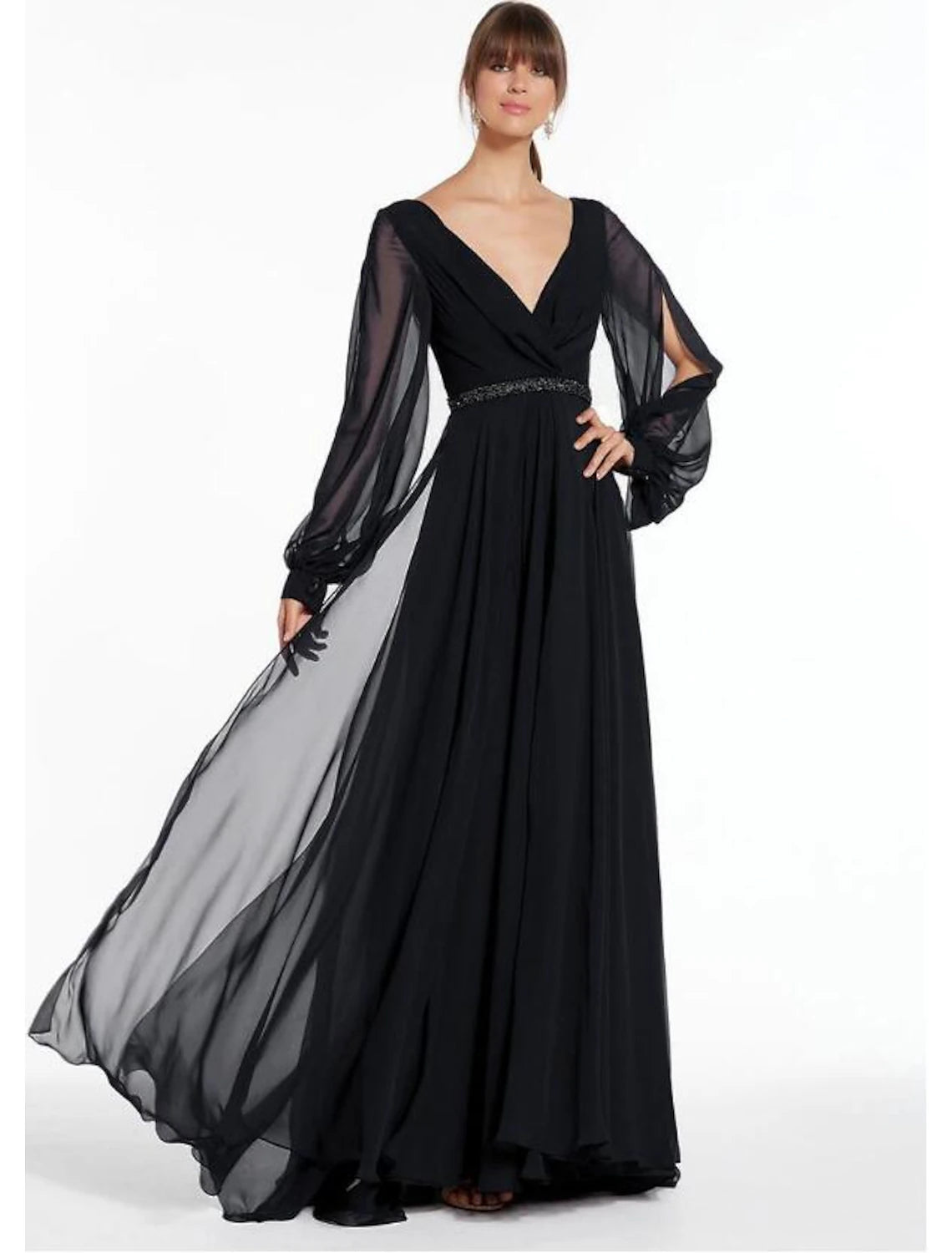 A-Line Evening Gown Empire Dress Holiday Floor Length Long Sleeve V Neck Chiffon V Back with Beading A-Line Evening Gown Empire Dress Holiday Floor Length Long Sleeve V Neck Chiffon V Back with Beading