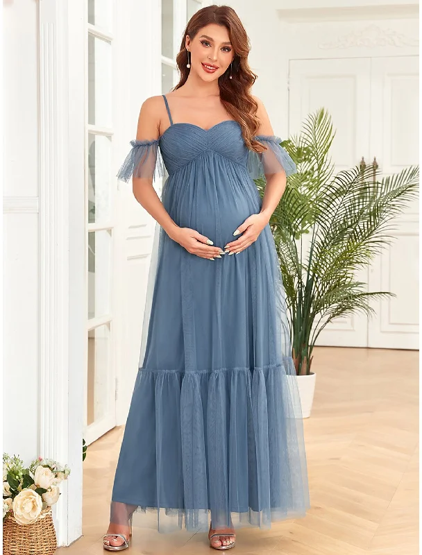 A-Line Evening Gown Maternity Dress Party Wear Floor Length Sleeveless Spaghetti Strap Tulle with Ruched A-Line Evening Gown Maternity Dress Party Wear Floor Length Sleeveless Spaghetti Strap Tulle with Ruched