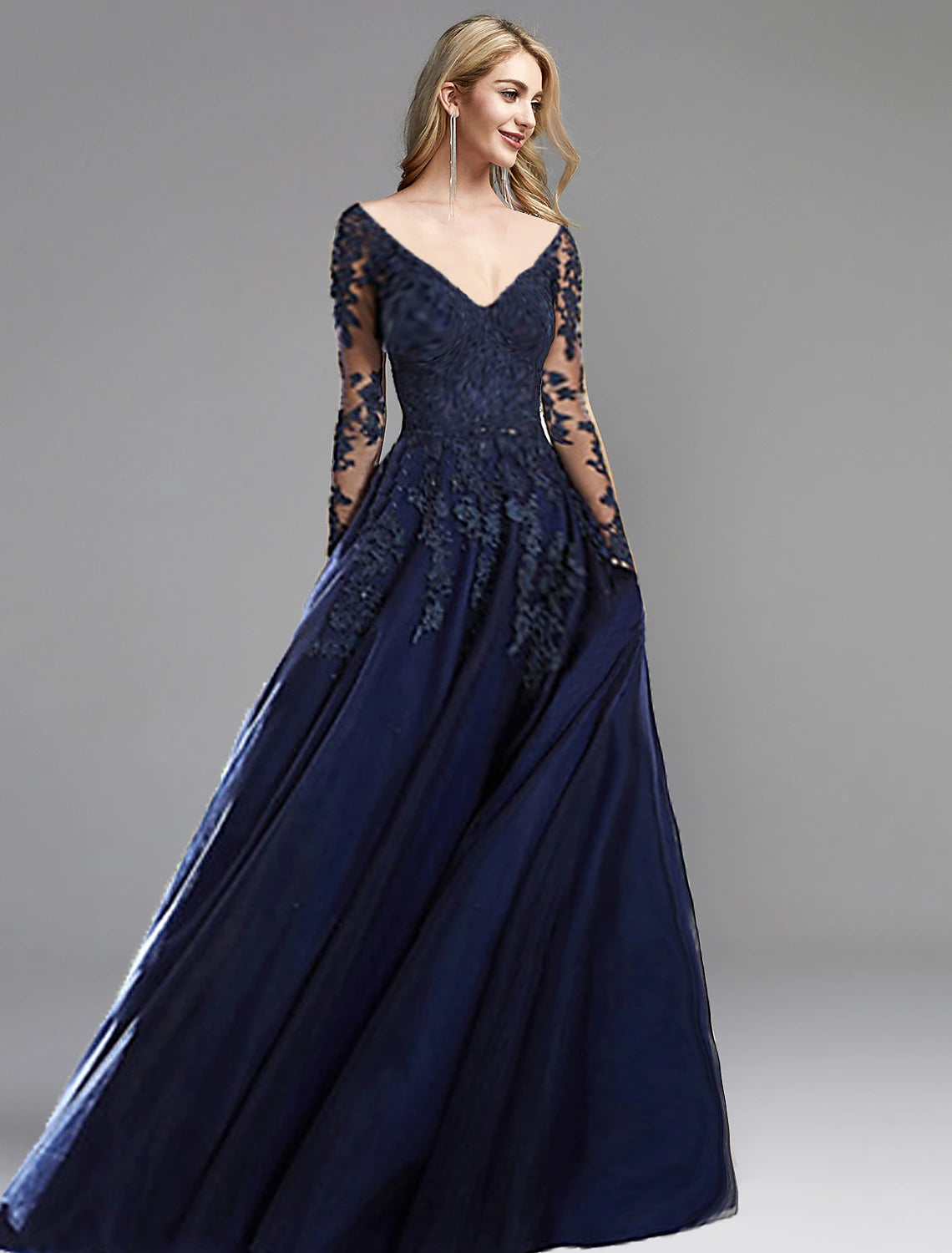 A-Line Evening Gown Open Back Dress Formal Evening Sweep / Brush Train Long Sleeve Plunging Neck Chiffon with Appliques A-Line Evening Gown Open Back Dress Formal Evening Sweep / Brush Train Long Sleeve Plunging Neck Chiffon with Appliques