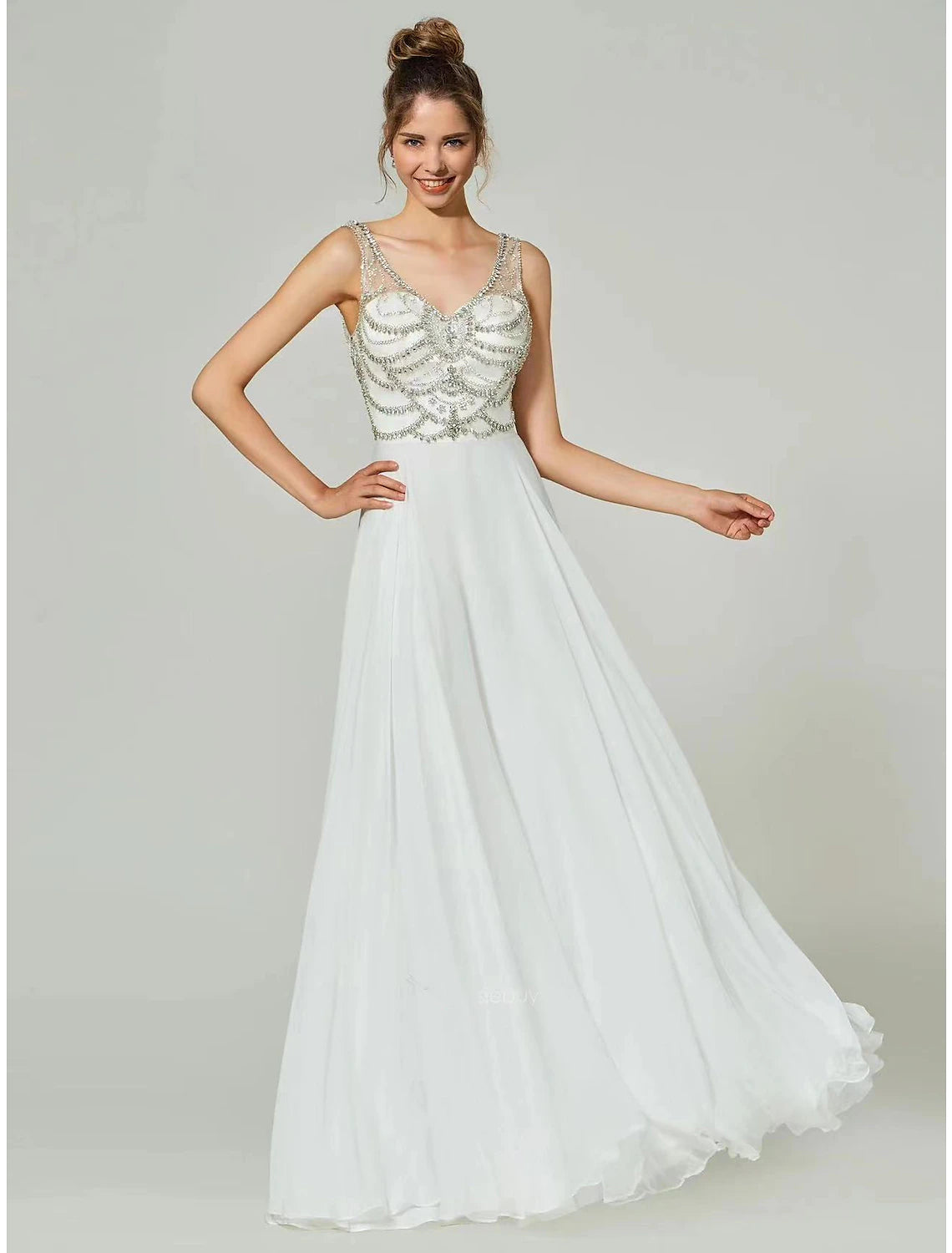 A-Line Evening Gown Open Back Dress Formal Floor Length Sleeveless V Neck Chiffon with Rhinestone A-Line Evening Gown Open Back Dress Formal Floor Length Sleeveless V Neck Chiffon with Rhinestone