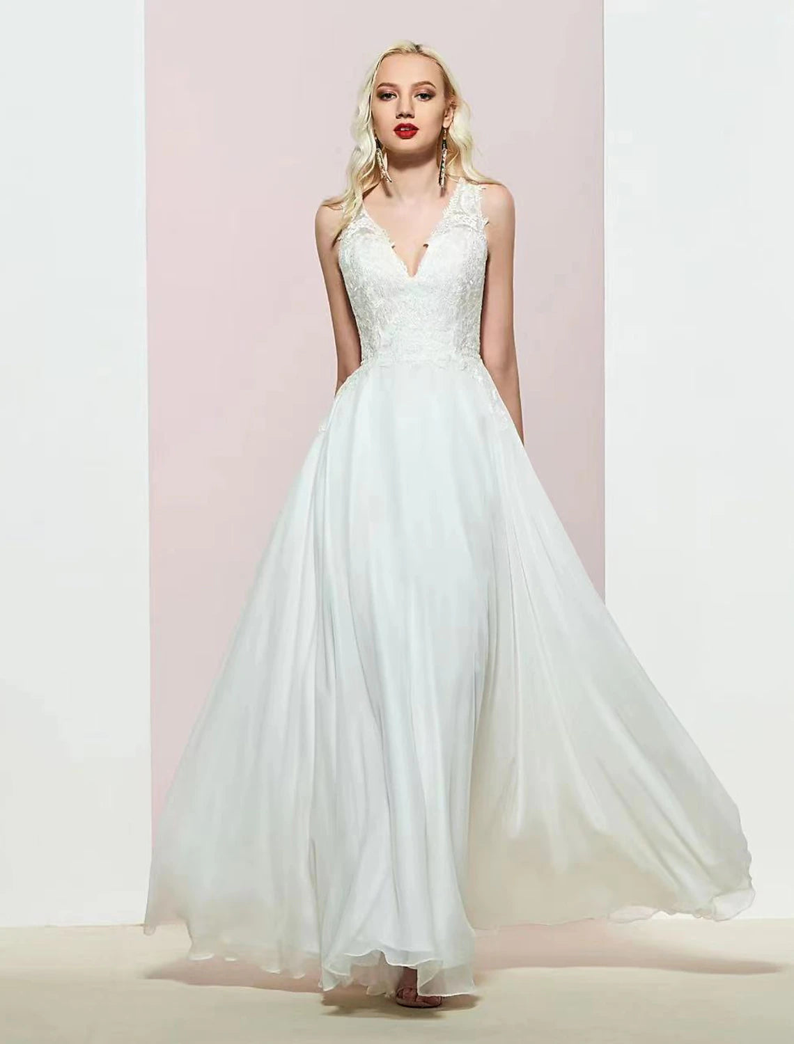 A-Line Evening Gown Open Back Dress Wedding Party Floor Length Sleeveless V Neck Chiffon with Appliques A-Line Evening Gown Open Back Dress Wedding Party Floor Length Sleeveless V Neck Chiffon with Appliques