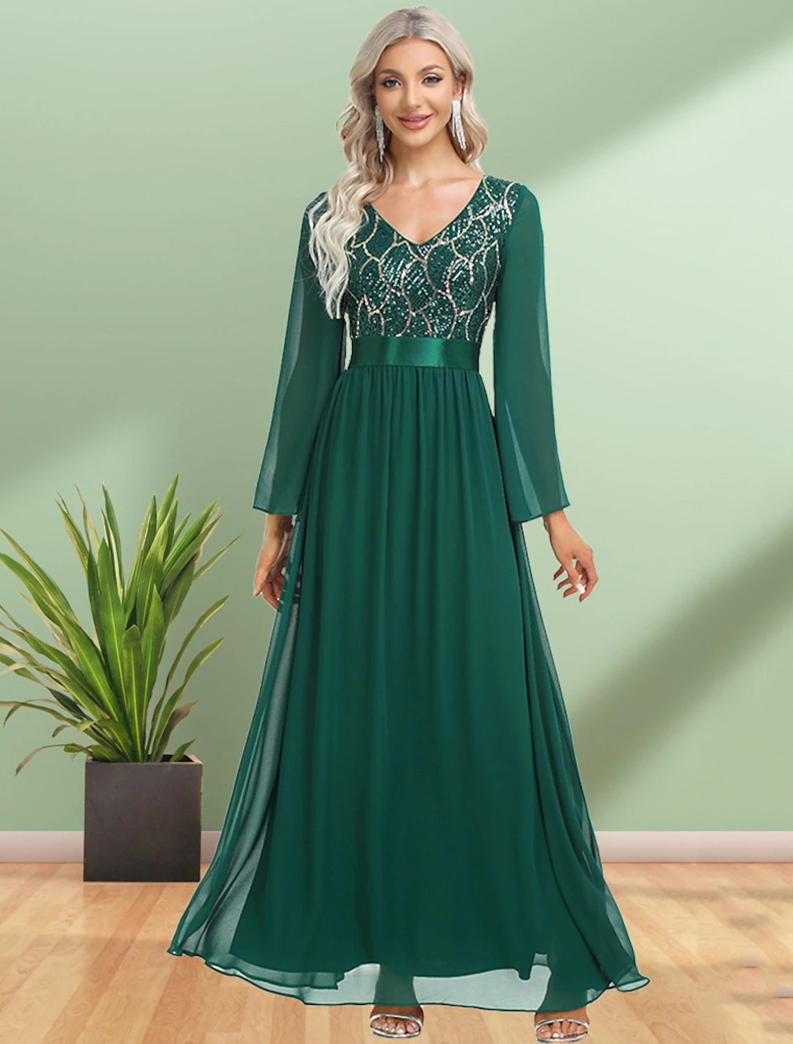 A-Line Evening Gown Sparkle & Shine Dress Party Wear Wedding Guest Floor Length Long Sleeve V Neck Chiffon with Sequin A-Line Evening Gown Sparkle & Shine Dress Party Wear Wedding Guest Floor Length Long Sleeve V Neck Chiffon with Sequin