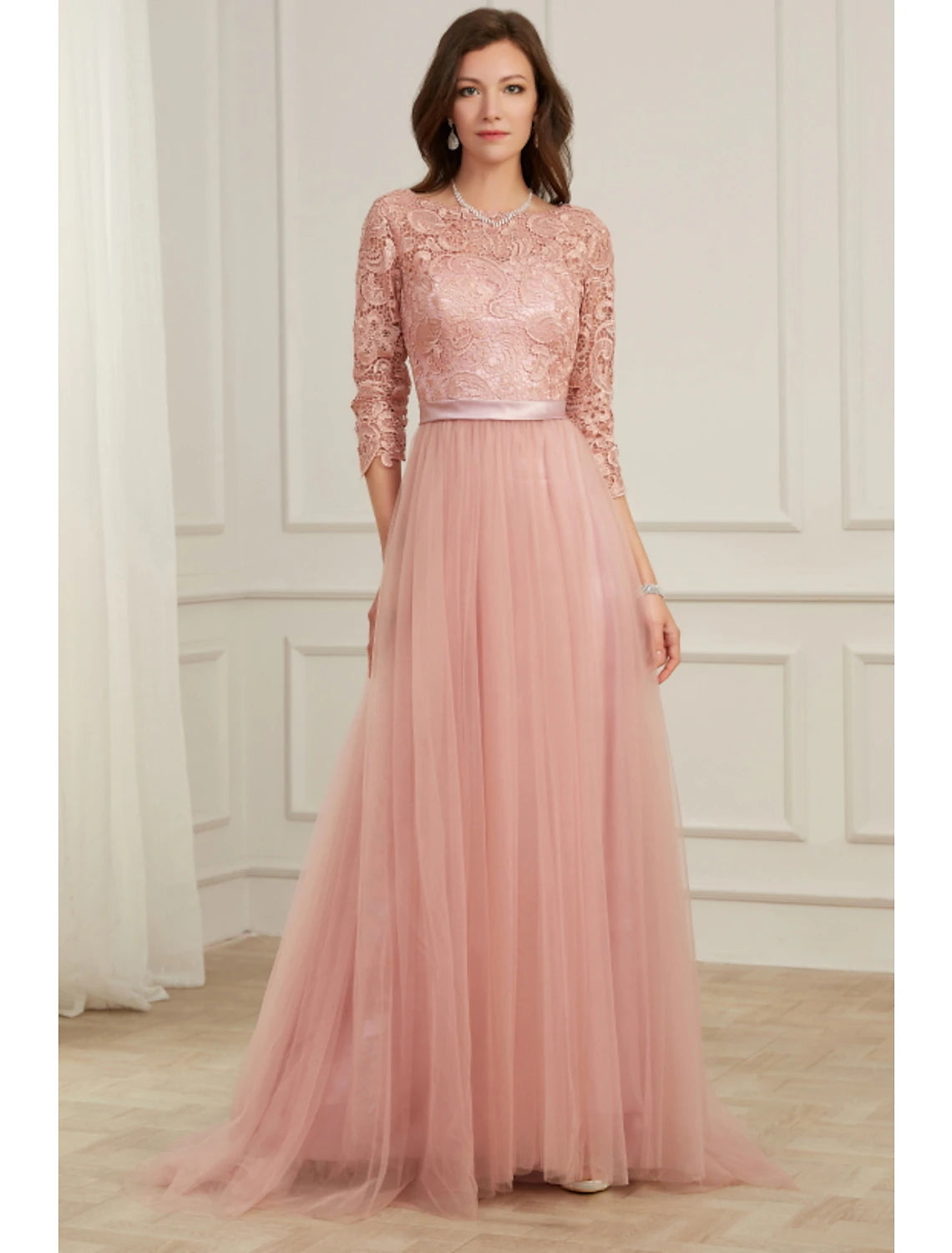 A-Line Evening Gown Spring Dress Party Wear Formal Evening Sweep / Brush Train Long Sleeve Jewel Neck Lace with Appliques A-Line Evening Gown Spring Dress Party Wear Formal Evening Sweep / Brush Train Long Sleeve Jewel Neck Lace with Appliques