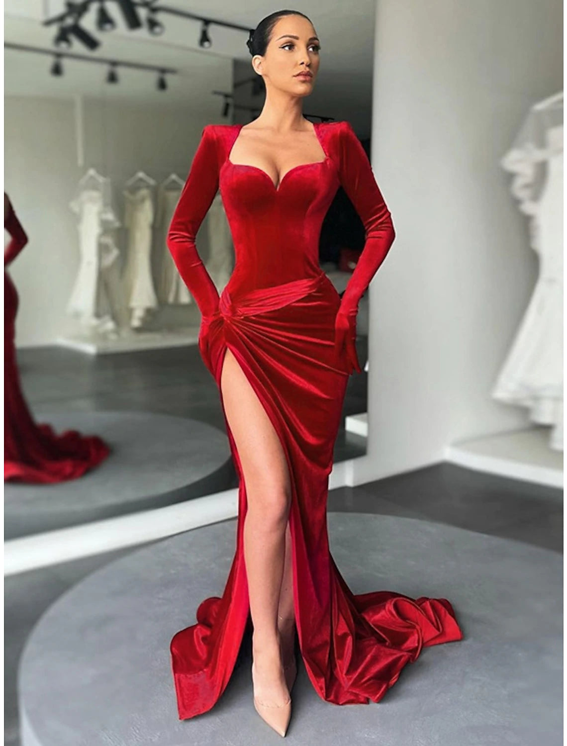 A-Line Evening Gown Vintage Dress Formal Fall Court Train Long Sleeve Sweetheart Velvet with Ruched Slit A-Line Evening Gown Vintage Dress Formal Fall Court Train Long Sleeve Sweetheart Velvet with Ruched Slit
