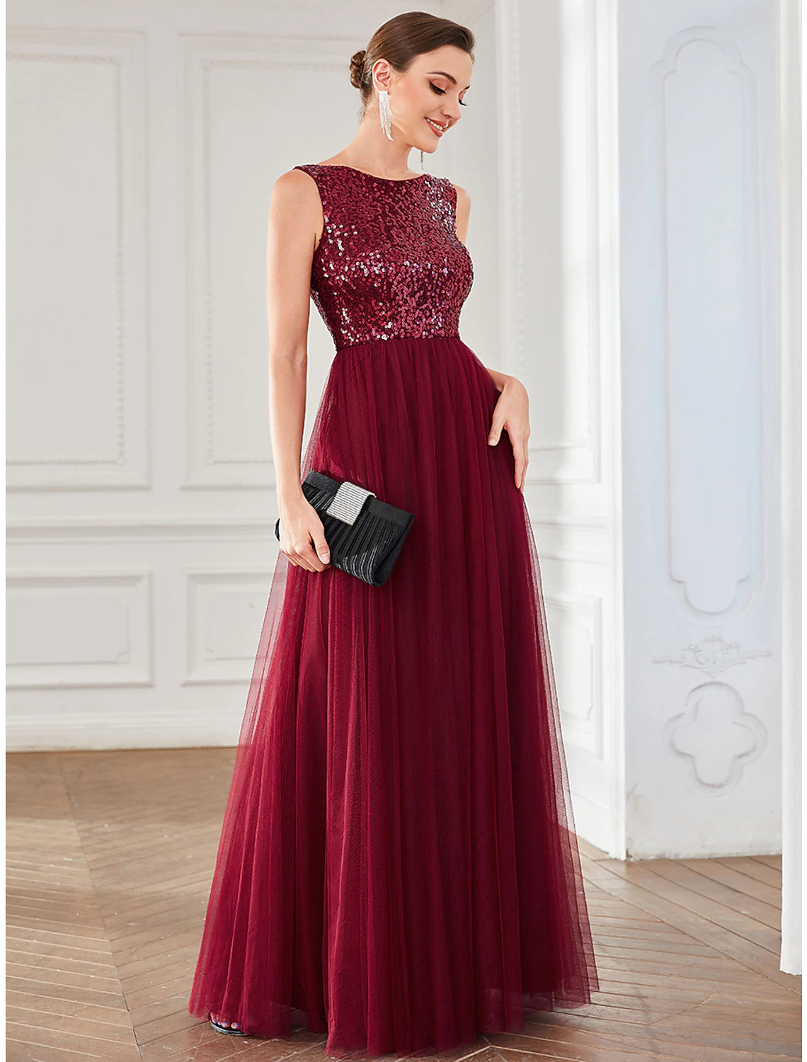 A-Line Party Dresses Elegant Dress Wedding Guest Floor Length Sleeveless Jewel Neck Tulle with Sequin A-Line Party Dresses Elegant Dress Wedding Guest Floor Length Sleeveless Jewel Neck Tulle with Sequin