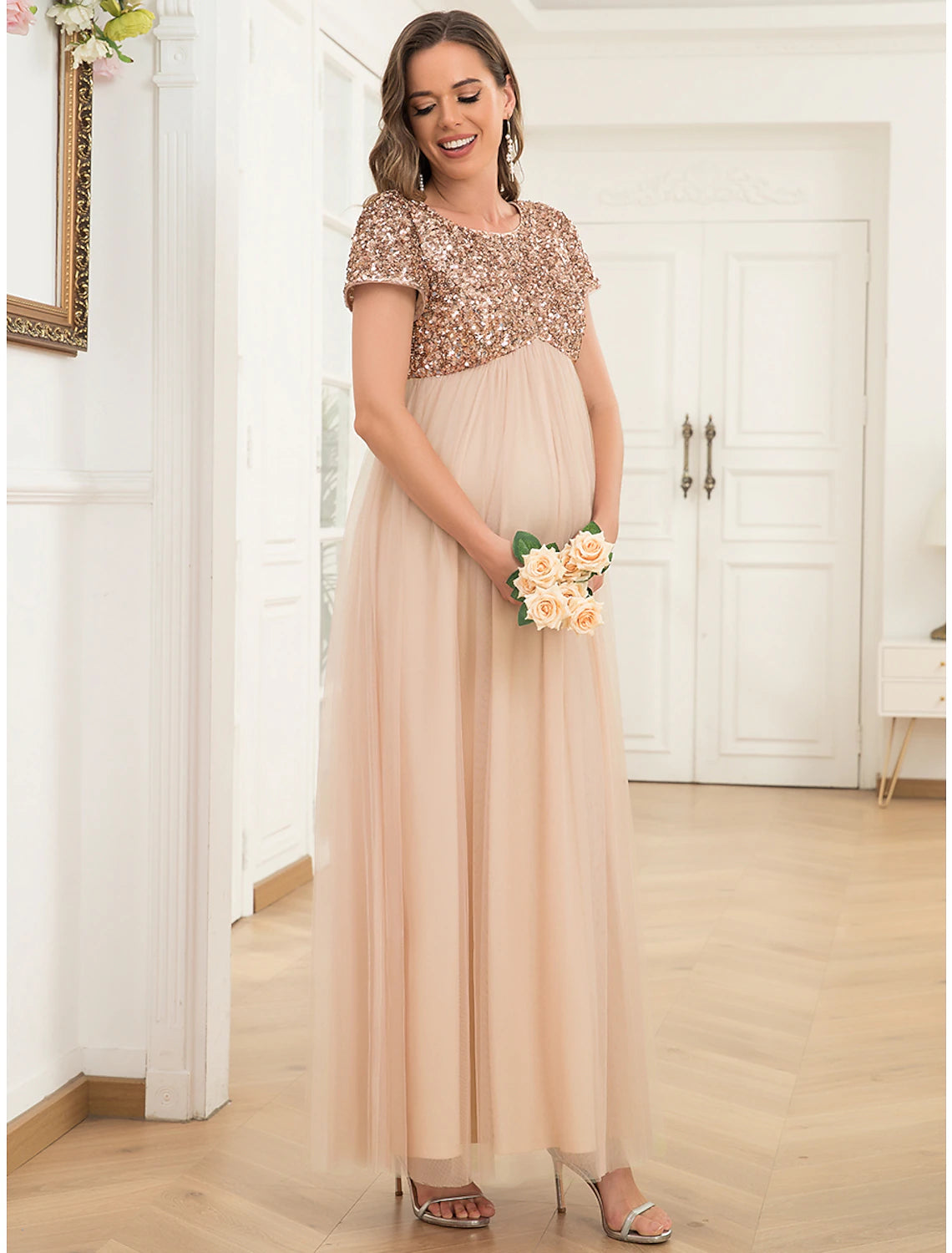 A-Line Party Dresses Maternity Dress Party Wear Ankle Length Short Sleeve Jewel Neck Tulle with Sequi A-Line Party Dresses Maternity Dress Party Wear Ankle Length Short Sleeve Jewel Neck Tulle with Sequi