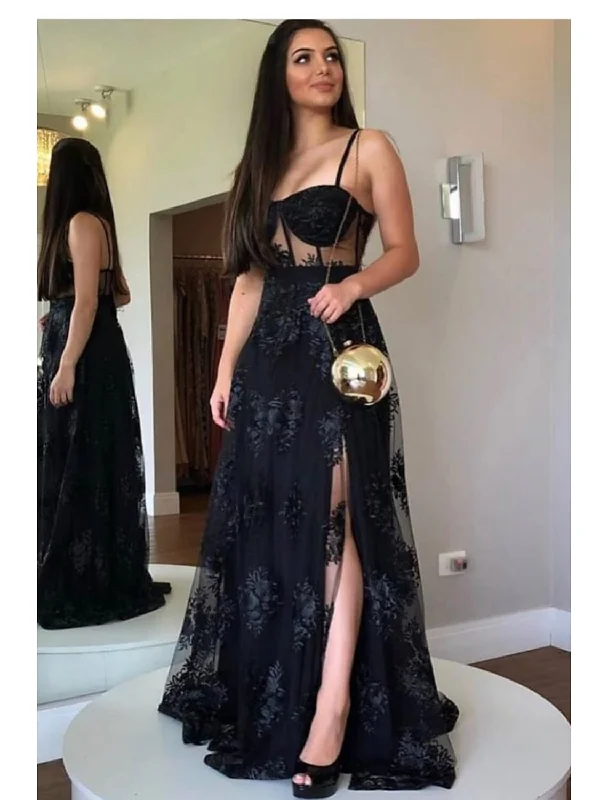 A-Line Prom Dresses Cut Out Dress Party Wear Floor Length Sleeveless Sweetheart Wednesday Addams Family Lace Backless with Slit Appliques A-Line Prom Dresses Cut Out Dress Party Wear Floor Length Sleeveless Sweetheart Wednesday Addams Family Lace Backless with Slit Appliques