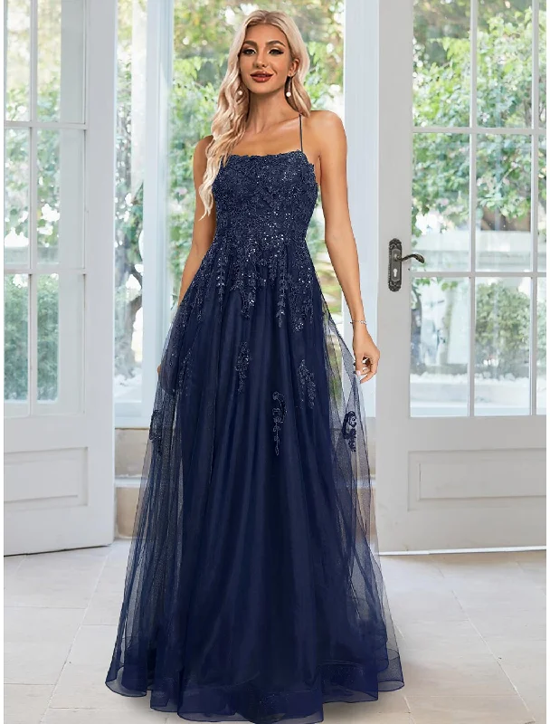 A-Line Sheath / Column Evening Gown Floral Dress Formal Floor Length Sleeveless Spaghetti Strap Tulle with Sequin Appliques A-Line Sheath / Column Evening Gown Floral Dress Formal Floor Length Sleeveless Spaghetti Strap Tulle with Sequin Appliques
