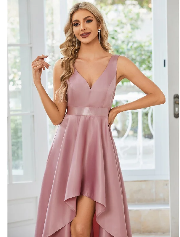 A-Line Wedding Guest Dresses Casual Dress Party Wear Asymmetrical Sleeveless V Neck Satin with Ruffles Pure Color A-Line Wedding Guest Dresses Casual Dress Party Wear Asymmetrical Sleeveless V Neck Satin with Ruffles Pure Color