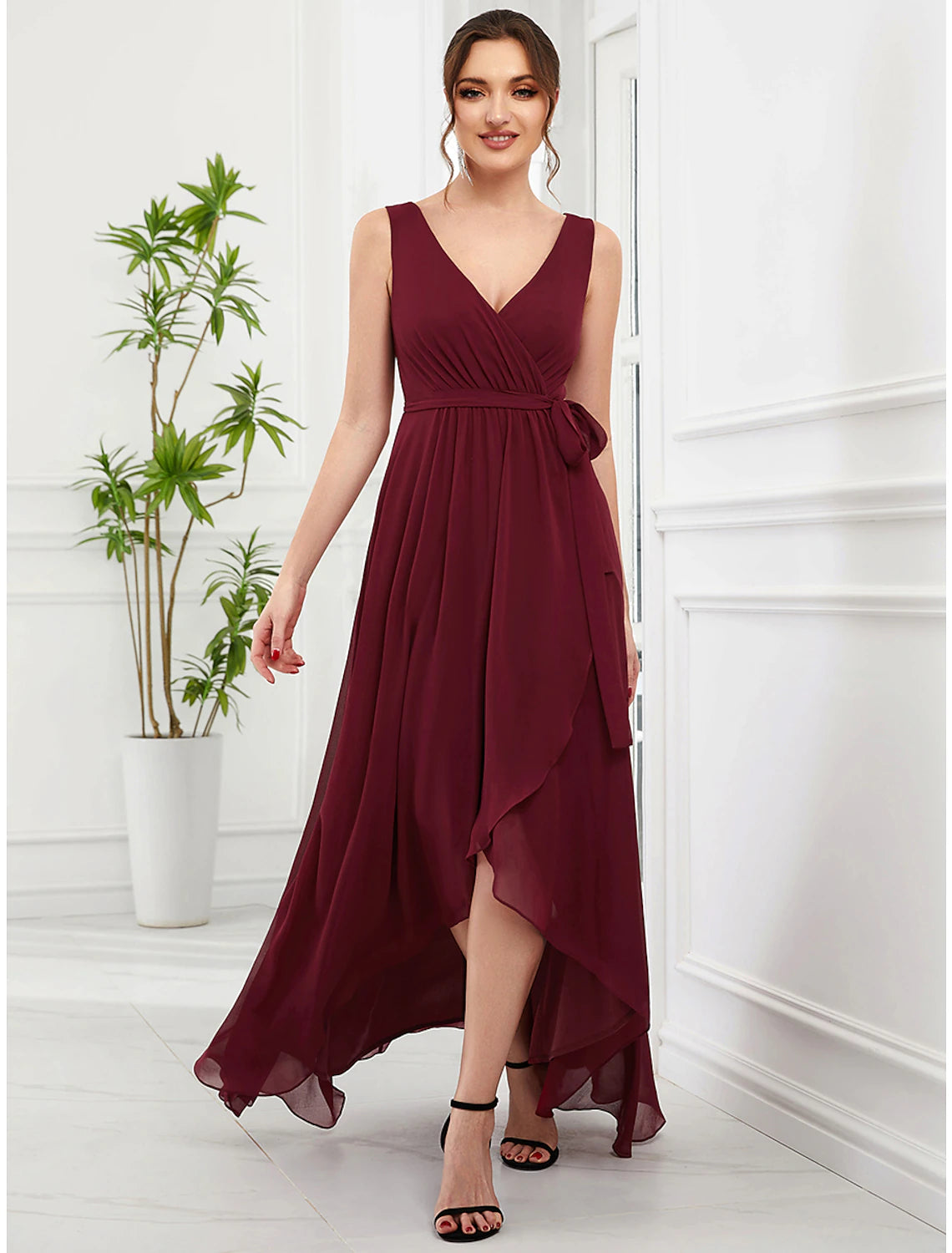 A-Line Wedding Guest Dresses Elegant Dress Party Wear Asymmetrical Sleeveless V Neck Chiffon with Ruffles Strappy A-Line Wedding Guest Dresses Elegant Dress Party Wear Asymmetrical Sleeveless V Neck Chiffon with Ruffles Strappy