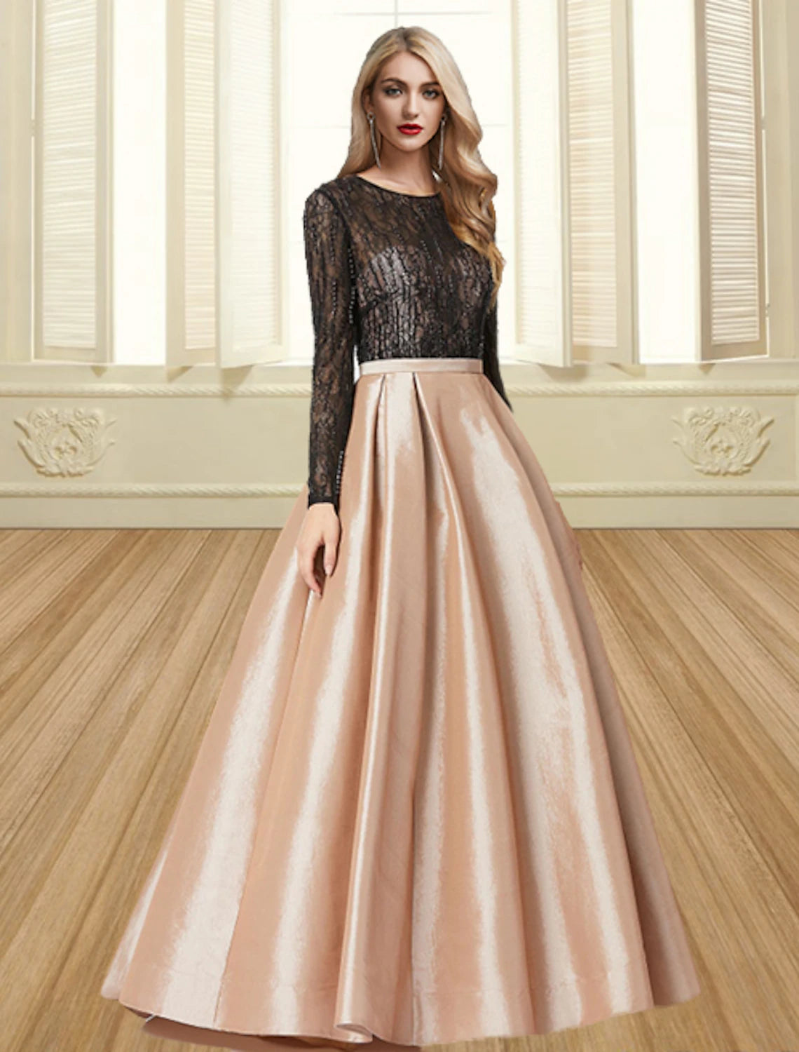 Ball Gown Evening Gown Color Block Dress Engagement Formal Evening Floor Length Long Sleeve Jewel Neck Satin with Pleats Ball Gown Evening Gown Color Block Dress Engagement Formal Evening Floor Length Long Sleeve Jewel Neck Satin with Pleats