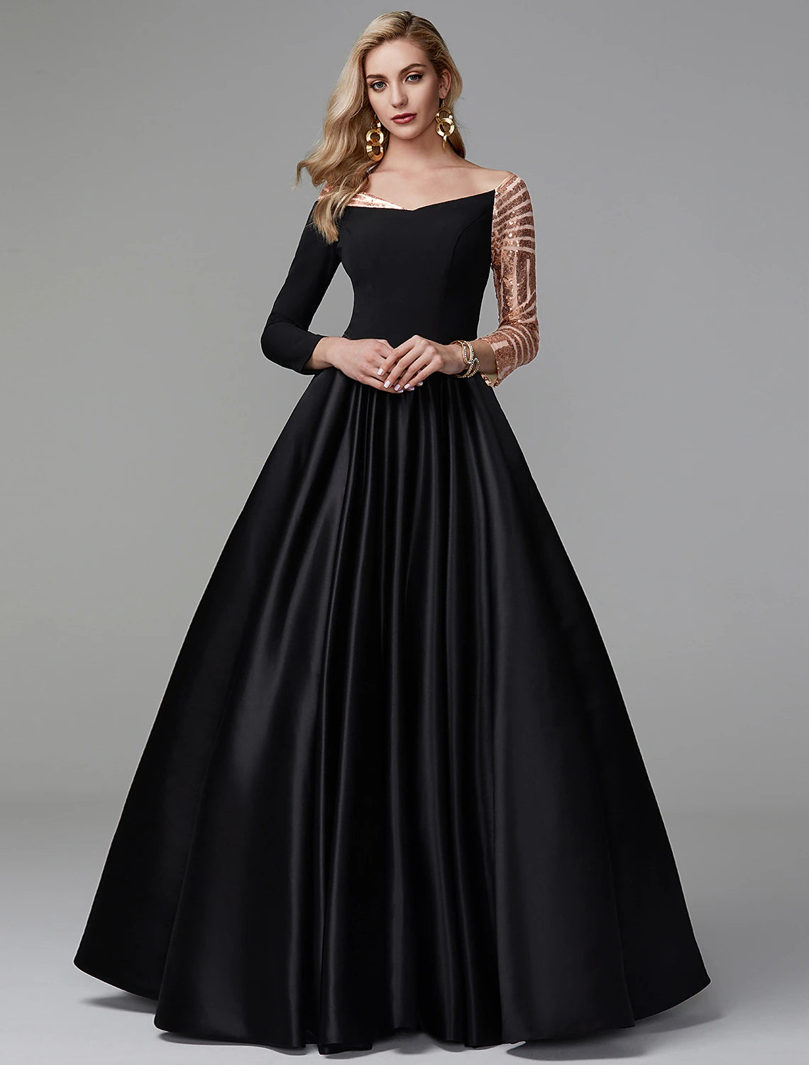 Ball Gown Sparkle Quinceanera Formal Evening Dress Off Shoulder Long Sleeve Floor Length Satin with Sequin Ball Gown Sparkle Quinceanera Formal Evening Dress Off Shoulder Long Sleeve Floor Length Satin with Sequin