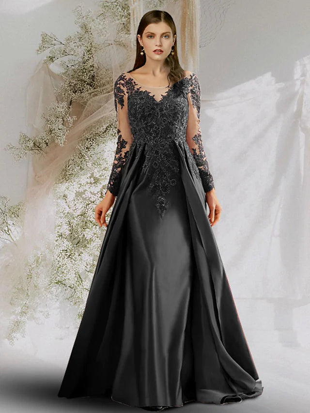 Beautiful Back Sexy Floral Prom Formal Evening Dress Boat Neck Long Sleeve Satin with Appliques Beautiful Back Sexy Floral Prom Formal Evening Dress Boat Neck Long Sleeve Satin with Appliques