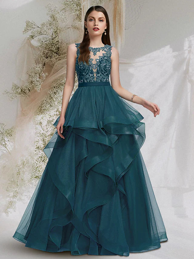 Cut Out Sexy Prom Formal Evening Dress Jewel Neck Sleeveless Floor Length Tulle with Lace Insert Cut Out Sexy Prom Formal Evening Dress Jewel Neck Sleeveless Floor Length Tulle with Lace Insert